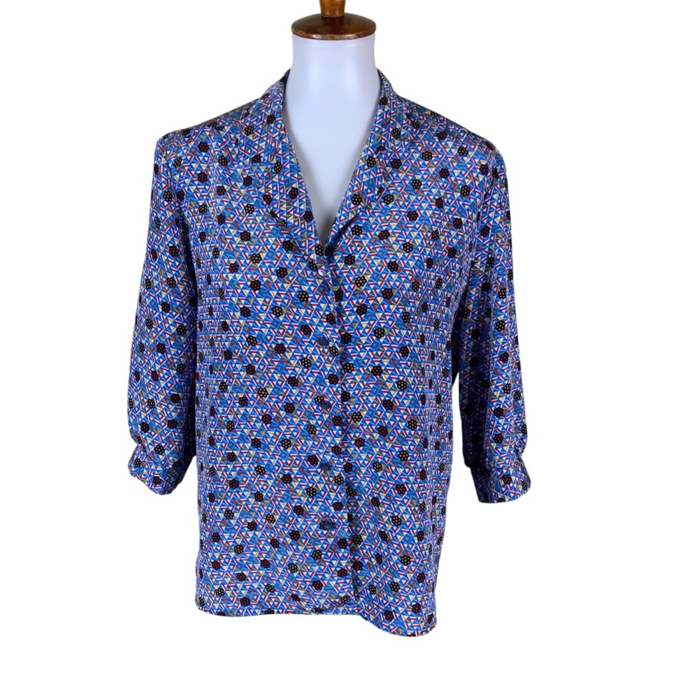 Laura Henson Vintage‎ Geo Print Blouse Retro Button Front Career Chic Size 12
